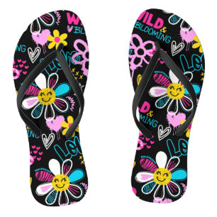 Colorful Smiley Flower Graffiti Pattern Flip Flops
