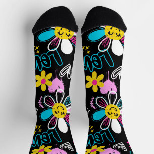 Colorful Smiley Flower Graffiti Pattern  Socks