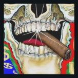 Colorful Smiling Cigar Skull Pop Art Faux Canvas Print<br><div class="desc">You'll enjoy this colorful pop art canvas print! Features a skull face smiling deviously while holding a smoking cigar in its mouth with sparkling teeth and a red tongue. Dollar signs flow around the skull. The rest of the background is blue, red and green.</div>
