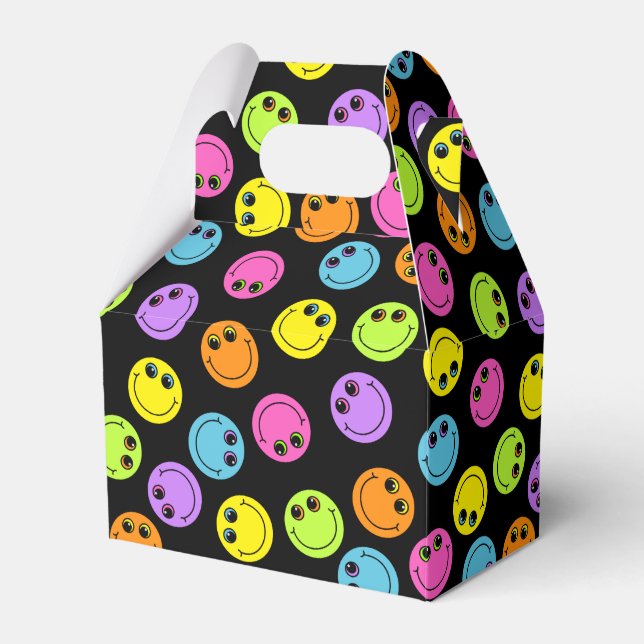 Colorful Smiling Emoji Faces on Black Favor Boxes (Front Side)