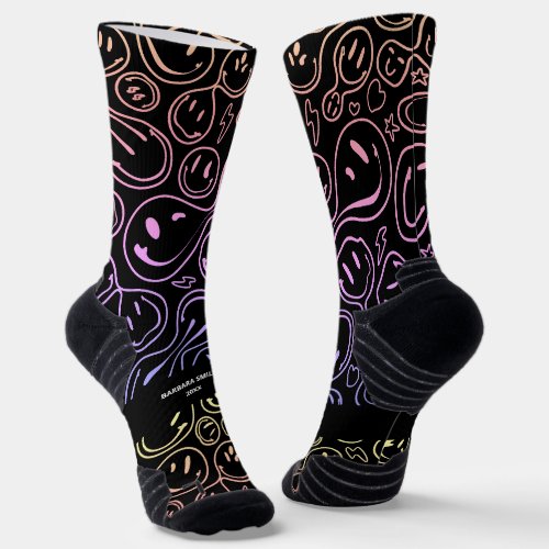 Colorful Smiling Face Melting Smile Pattern Black Socks