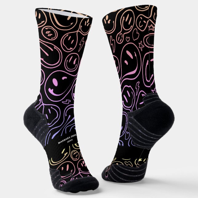Colorful Smiling Face Melting Smile Pattern Black Socks (Angled)