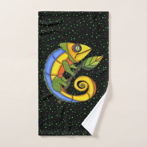 Colorful Smiling Fantasy Lizard holding Leaf Dots Hand Towel