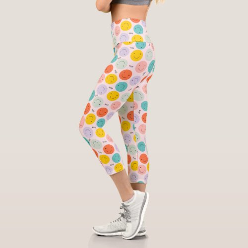 Colorful Smiling Happy Face Pattern Capri Leggings