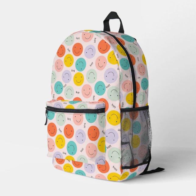 Colorful Smiling Happy Face Pattern Printed Backpack (Back Corner Right)