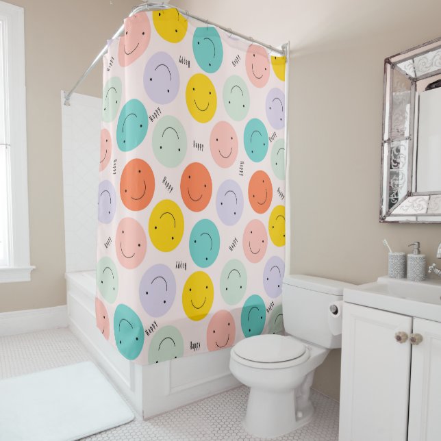 Colorful Smiling Happy Face Pattern Shower Curtain (In Situ)