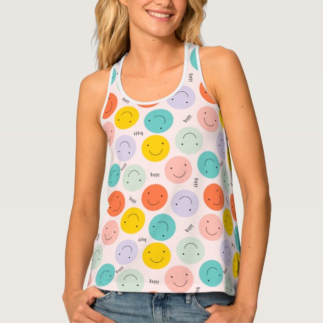 Colorful Smiling Happy Face Pattern Tank Top (Front)