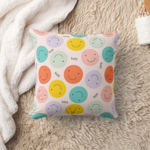 Colorful Smiling Happy Face Pattern Throw Pillow