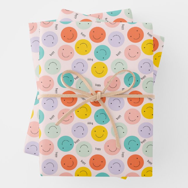 Colorful Smiling Happy Face Pattern Wrapping Paper Sheets (In situ)