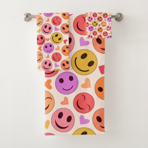 Colorful Smiling Happy faces with hearts   Bath Towel Set