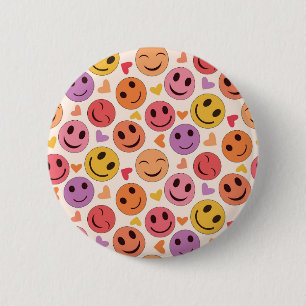 Colorful Smiling Happy faces with hearts Button