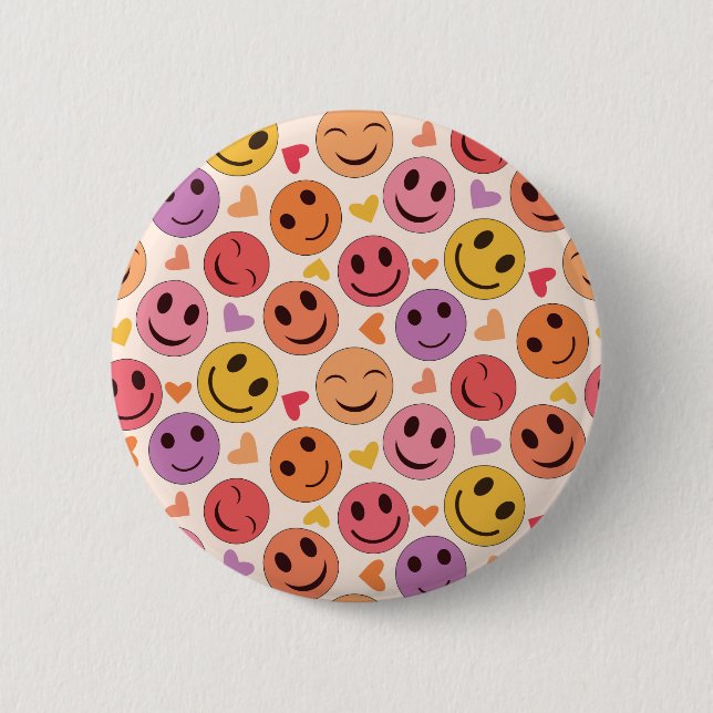 Colorful Smiling Happy faces with hearts   Button (Front)