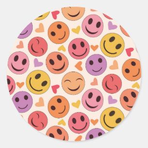 Colorful Smiling Happy faces with hearts   Classic Round Sticker