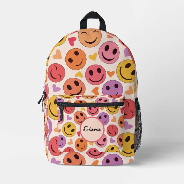 Colorful Smiling Happy faces with hearts  Name  Printed Backpack (Front)