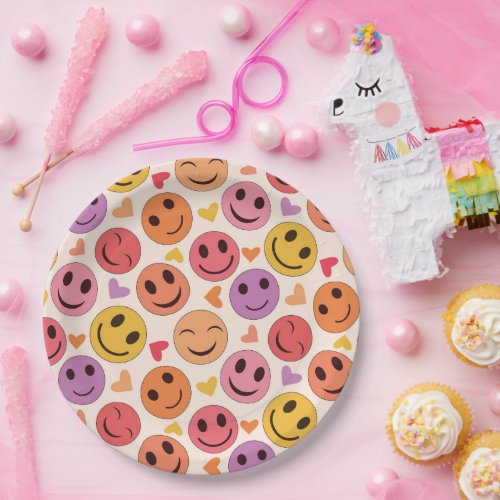 Colorful Smiling Happy faces with hearts   Paper Plates