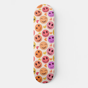 Colorful Smiling Happy faces with hearts Skateboard
