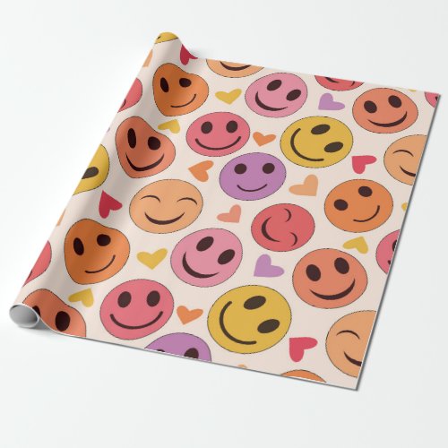 Colorful Smiling Happy faces with hearts   Wrapping Paper