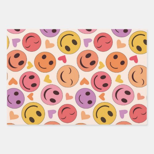 Colorful Smiling Happy faces with hearts   Wrapping Paper Sheets