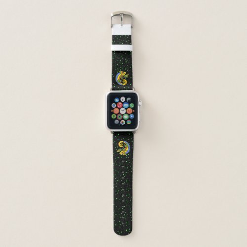 Colorful Smiling Lizard Big Eyes Green Dots Black Apple Watch Band