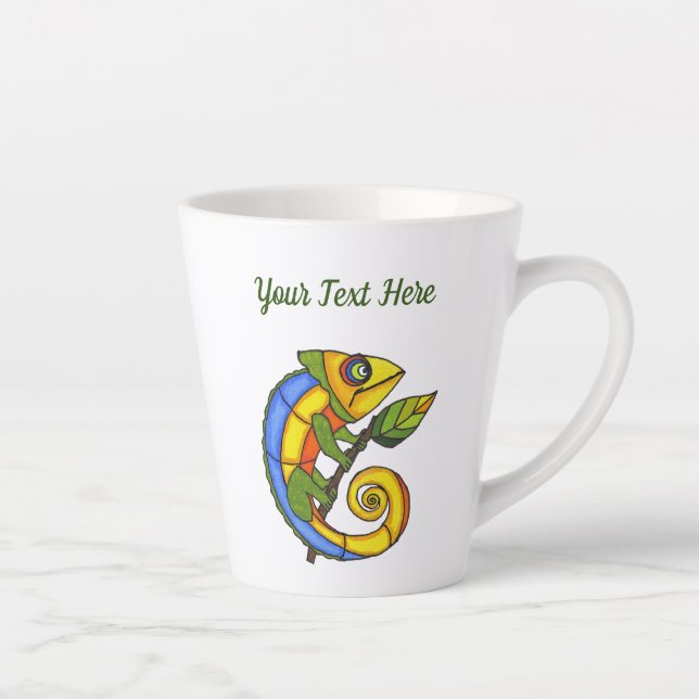 Colorful Smiling Lizard Holding Twig Leaf Latte Mug (Right)