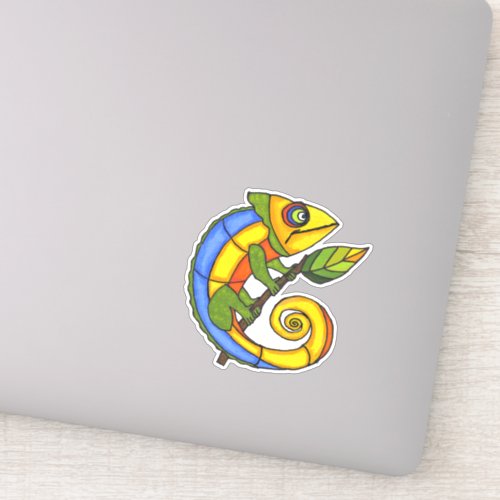 Colorful Smiling Lizard on Green Leaf With Twig Sticker