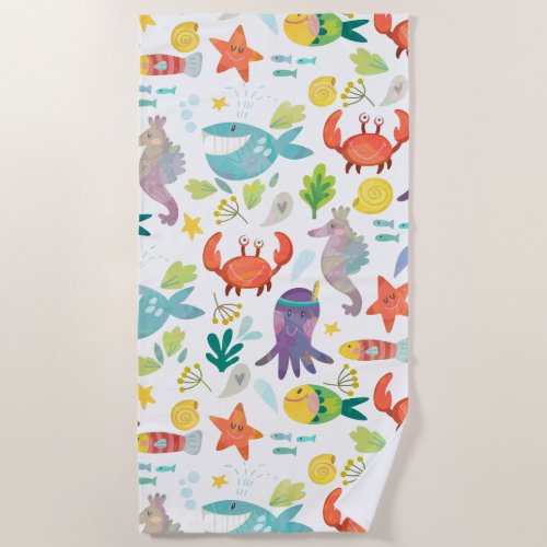 Colorful Smiling Sea Animals Beach Towel