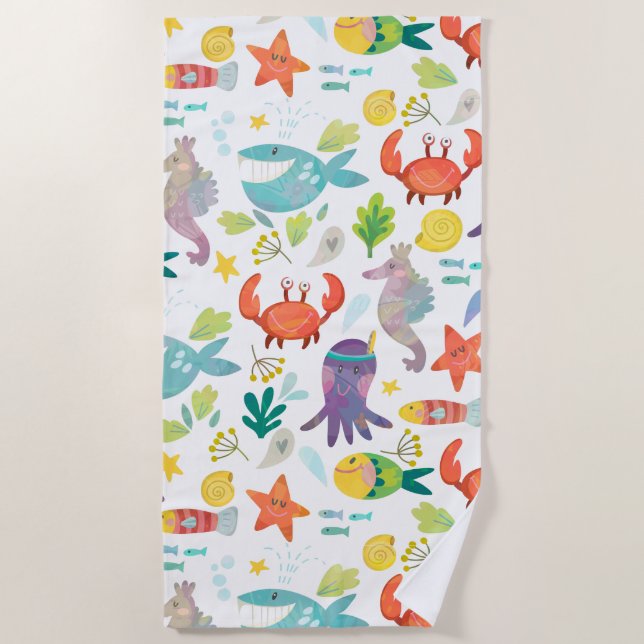 Colorful Smiling Sea Animals Beach Towel (Front)