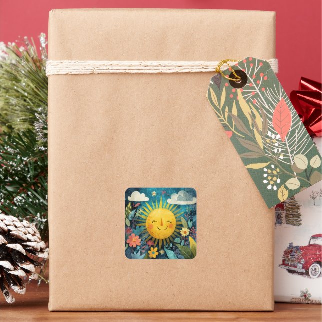 Colorful Smiling Sun Over Pretty Flowers Square Sticker (Holiday)