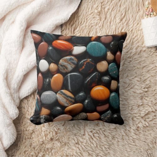 Colorful Smooth Marble Polished Stones Pebbles  Throw Pillow