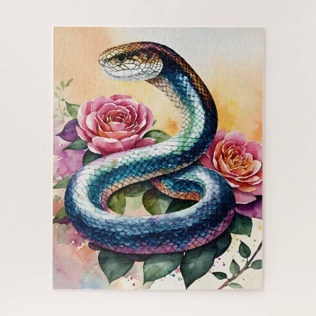 Colorful Snake Floral Watercolor Art Jigsaw Puzzle (Vertical)