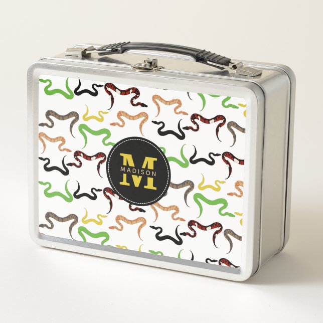 Colorful Snakes Python Reptile Pattern Monogram Metal Lunch Box (Front)