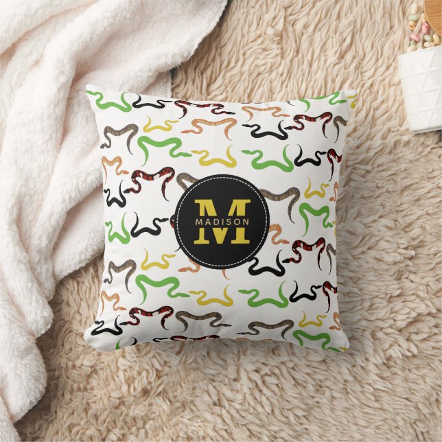 Colorful Snakes Python Reptile Pattern Monogram Throw Pillow (Blanket)
