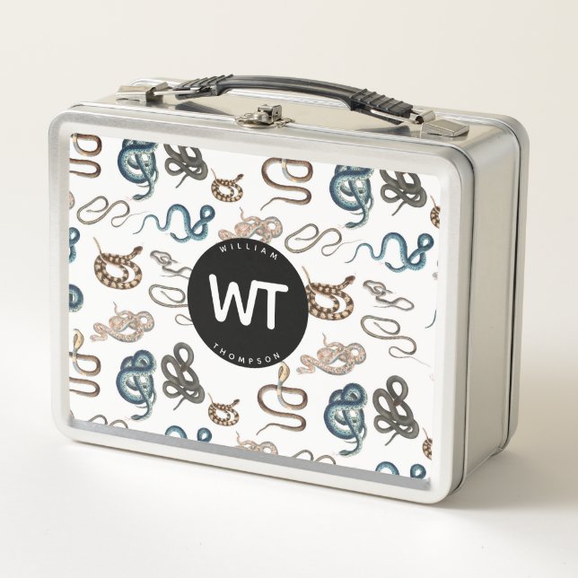 Colorful Snakes Reptile Animal Pattern Monogram Metal Lunch Box (Front)