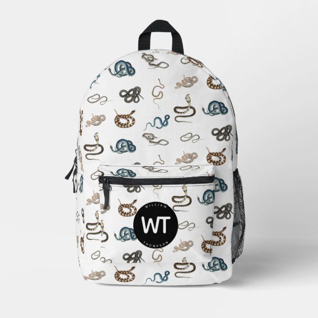 Colorful Snakes Reptile Animal Pattern Monogram Printed Backpack (Front)