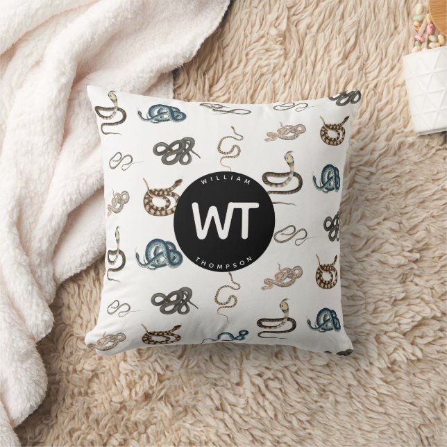 Colorful Snakes Reptile Animal Pattern Monogram Throw Pillow (Blanket)
