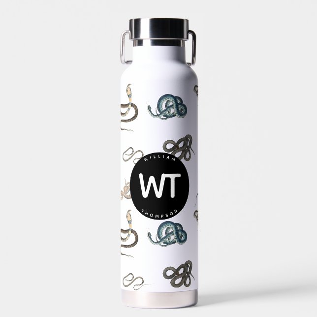 Colorful Snakes Reptile Animal Pattern Monogram Water Bottle (Front)