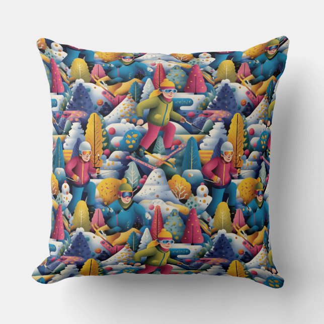 Colorful Snow Skiers Collage Throw Pillow (Front)