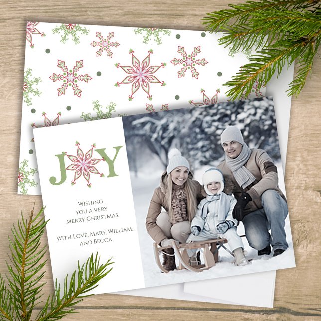 Colorful Snowflake Christmas Photo Card Merry Joy  (Christmas Joy typography single-photo holiday card with whimsical snowflakes. )