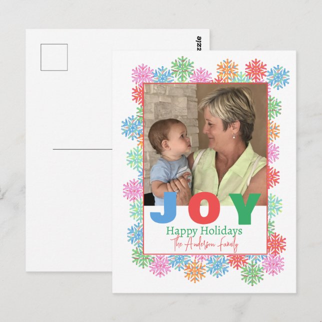 Colorful Snowflake Photo Holiday PostCard (Front/Back)