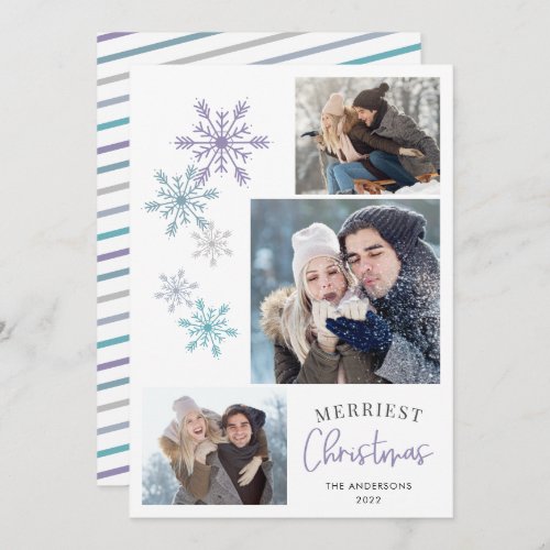 Colorful Snowflake Photo Purple Merriest Christmas Holiday Card