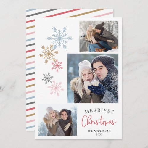 Colorful Snowflakes 3 Photos Merriest Christmas Holiday Card