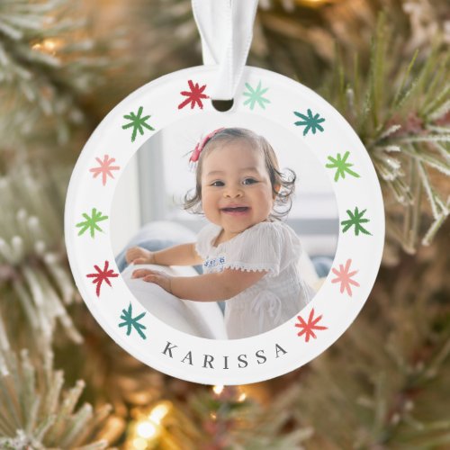 Colorful Snowflakes Babys First Christmas Photo Ornament