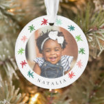 Colorful Snowflakes Kids 2 Photo Name Christmas Ornament<br><div class="desc">This fun, colorful photo ornament features a hand drawn snowflakes frame in teal, red, lime green, pink, and mint aqua. Easy to personalize, both on the front and the back! You can choose to use the same photo on both the front and back, or you can use two different photos....</div>