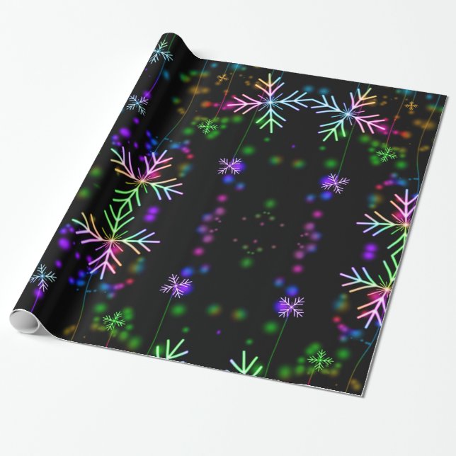 Colorful Snowflakes on Black Wrapping Paper (Unrolled)