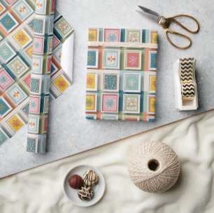 Colorful Snowflakes on Pastel Patchwork Wrapping Paper