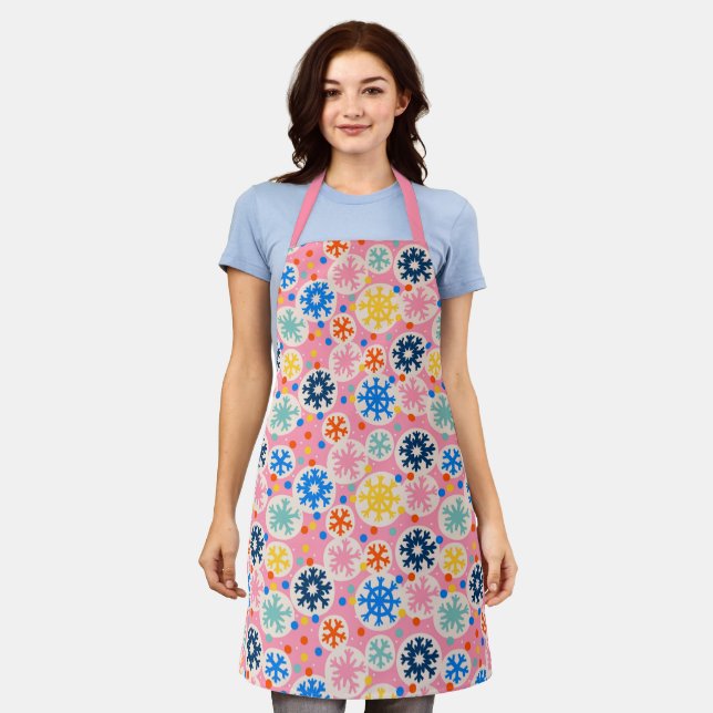 Colorful Snowflakes on Pink Holiday Pattern Apron (Worn)