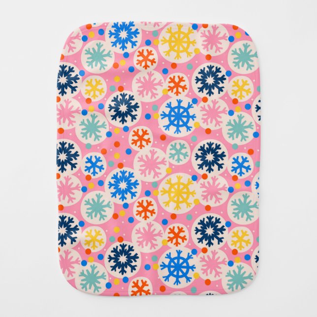 Colorful Snowflakes on Pink Holiday Pattern Baby Burp Cloth (Front)