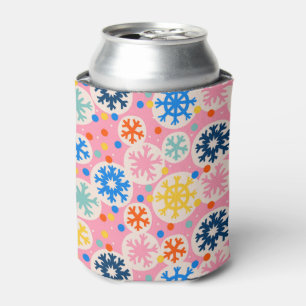 Colorful Snowflakes on Pink Holiday Pattern Can Cooler
