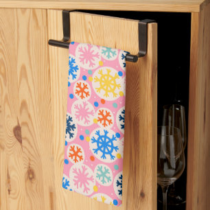 Colorful Snowflakes on Pink Holiday Pattern Kitchen Towel