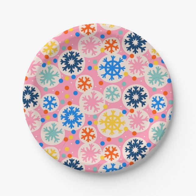 Colorful Snowflakes on Pink Holiday Pattern Paper Plates (Front)